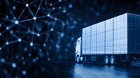 Digital logistics concept with glowing network connections and white cargo truck on dark blue background, representing smart transportation solutions.