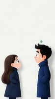Cartoon couple in navy blue winter coats facing each other with curious expressions, young Asian man with green dot above head and brunette woman on minimal background.