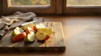 Fresh colorful vegetables chopped on rustic wooden cutting board in warm sunlit kitchen for healthy cooking and meal preparation.