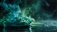 Turquoise water splash creating ethereal crown shape with misty vapor and droplets against dark background.