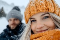 Young blonde woman in orange knit hat and scarf smiling at camera with bearded man in background during winter snowfall outdoors for seasonal lifestyle content.