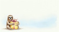 Cute sloth holding wrapped gift box with pink bow on neutral background, isolated for greeting cards, children's illustrations, and festive designs.