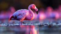 Pink flamingo standing in shallow water at sunset with soft bokeh background and reflections creating dreamy atmosphere. Wildlife photography.