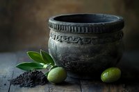 Ancient stone mortar with decorative rim alongside fresh green olives and olive leaves on rustic wooden surface against dark background.