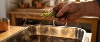 Male hand adding fresh rosemary herb into stainless steel pot during cooking preparation in kitchen. Suitable for culinary, recipe, and food preparation content.
