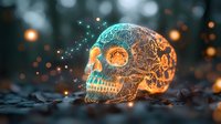 Glowing ornate skull with intricate patterns illuminated by magical turquoise and orange light against dark forest background with bokeh effect and floating particles.
