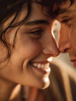 Young woman with freckles smiling in warm golden sunlight with tousled hair and natural makeup for beauty and lifestyle campaigns.