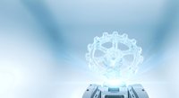 Robotic hand holding glowing gear mechanism with light rays, representing technology, innovation, and artificial intelligence for business and industrial applications.