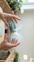 Male hands creating holographic digital interface with glowing data visualization and futuristic technology elements in modern home office environment.