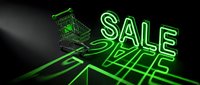 Glowing green neon sale sign with shopping cart on dark background, retail discount promotion concept for banner or poster design.