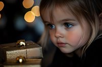 Young girl with blue eyes and blonde hair gazing at golden wrapped Christmas present with bokeh lights in background creating magical holiday atmosphere.