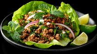 Spicy minced meat served in fresh lettuce wraps with red onion, mint leaves, and lime wedges on black plate, perfect for low-carb dining.