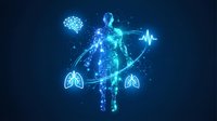 Glowing digital human figure with brain, heart, and lungs highlighted in blue neon light against dark background. Medical technology and healthcare concept.