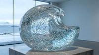 Modern cracked glass sculpture wave form on wooden pedestal in contemporary gallery space with ocean view windows for interior design concepts.