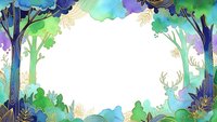 Enchanted forest frame with mystical trees, colorful foliage and magical deer silhouettes creating whimsical border for nature-themed designs.
