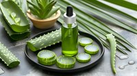 Fresh aloe vera slices with green natural extract in glass dropper bottle on black plate, palm leaves and succulent plant for skincare and wellness.