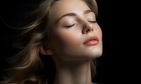 Young caucasian woman with closed eyes and flowing hair against dark background, expressing serenity and peace. Natural makeup and glowing skin showcase feminine beauty.