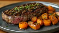 Juicy grilled ribeye steak cooked medium rare with fresh rosemary and roasted butternut squash cubes on dark plate, close up view of gourmet dinner.