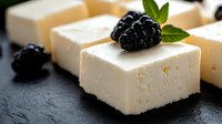 Fresh blackberries garnish soft white cheese cubes arranged on dark slate surface, close up view showing creamy texture and natural ingredients.