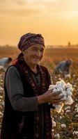 Elderly farmer in traditional clothing holding fresh cotton bolls during golden hour harvest in agricultural field for farming and agriculture concepts.