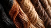 Luxurious hair strands showcase gradient from deep black to vibrant copper and golden blonde tones. Professional salon color treatment results for beauty industry.