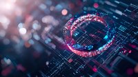 Glowing pink and blue circular ring with particles floating above digital circuit board background creates futuristic technology concept for business presentations.