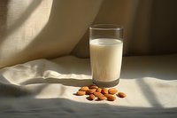 Glass of almond milk with raw almonds scattered on white fabric in morning sunlight creating dramatic shadows, minimalist food composition.