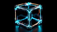 Glowing neon blue cube with transparent edges and light effects on black background, abstract geometric shape for modern technology and futuristic design concepts.
