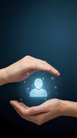 Hands protecting glowing user icon with digital particles on dark blue background representing customer care, data protection and human resources management.
