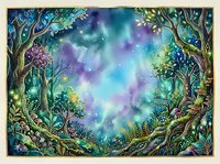 Enchanted forest clearing with glowing aurora borealis lights, mystical trees framing magical sky, fantasy woodland landscape with luminous atmosphere for fantasy art, book illustrations, and game design.