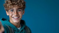 Young caucasian teen with curly blonde hair, blue eyes and glasses wearing teal hoodie smiling confidently against blue background. Portrait shows genuine happiness and youth.