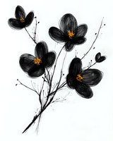 Minimalist black watercolor flowers with orange centers on white background, artistic botanical illustration suitable for wall art and stationery design.
