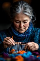 Senior woman with gray hair wearing blue knitted scarf focused on needlework with colorful yarn balls, captured in atmospheric lighting showing authentic aging gracefully moment.