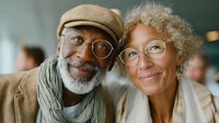 Happy African American senior couple wearing glasses smiling warmly together in cozy indoor setting. Elderly man in cap and woman with curly hair.