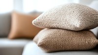 Stacked natural linen cushions with textured burlap fabric surface in soft beige tones against blurred background, creating cozy home atmosphere.