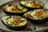 Baked avocado halves with eggs, herbs and spices on plate. Healthy breakfast or brunch dish with protein and fresh ingredients for nutritious meal preparation.
