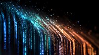 Glowing digital data streams flow in curved lines against dark background, transitioning from blue to orange with sparkling light particles and bokeh effects.