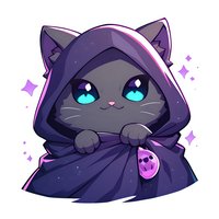 Cute gray cat character in dark purple hooded cloak with bright blue eyes and magical sparkles, cartoon style illustration on white background for gaming or sticker design.