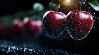 Fresh ripe cherries with water drops on dark background, macro photography with selective focus and bokeh lights creating magical atmosphere.