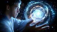 Young Caucasian man in profile holding glowing spiral galaxy, cosmic energy visualization with stars and nebula effects against dark background. Futuristic concept.