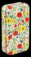 Vintage floral storage tin with red poppies, yellow daisies, and blue cornflowers on cream background. Isolated on transparent background, ready for clipart, print-on-demand, sublimation, and design projects.