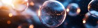 Transparent soap bubbles floating in cosmic space with glowing particles and bokeh lights against dark background.