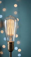 Vintage Edison bulb with glowing filament against blue bokeh background for creative lighting and interior design projects.
