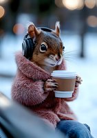 Funny squirrel in pink sweater holding coffee cup and wearing headphones against winter bokeh background, humorous animal character concept for social media content.