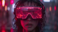 Young Asian woman in futuristic red LED visor glasses and headphones illuminated by neon lighting, perfect for technology, gaming, or cyberpunk themes in modern advertising.