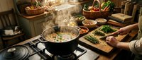 Caucasian female chef preparing fresh vegetables and herbs at stovetop with steaming pot, surrounded by ingredients and cutting board in warm kitchen setting for cooking and culinary content.