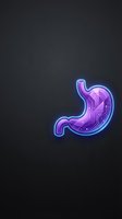 Neon glowing stomach organ with purple and blue lights on dark background for medical healthcare and digestive system concepts.