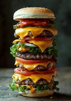 Towering triple-decker cheeseburger with melted cheese, fresh vegetables, bacon and sauce layered between sesame seed buns on dark background. Perfect for menu design.