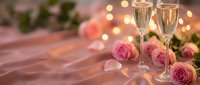 Two champagne flutes with pink roses and warm bokeh lights creating romantic atmosphere for celebration, wedding, anniversary or Valentine's Day.