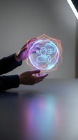 Hands holding glowing neon holographic interface with user profile, security lock and data icons, representing digital identity protection and cybersecurity technology solutions.